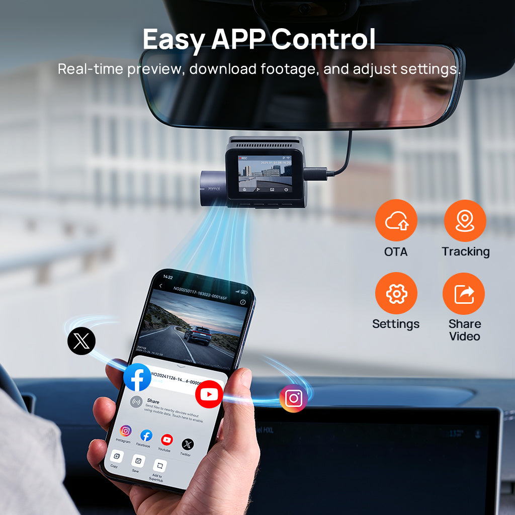 70mai Dash Cam A410 2.5K HDR Dual w/ GPS, Emergency Record, G-Sensor, App Control & Compact Design