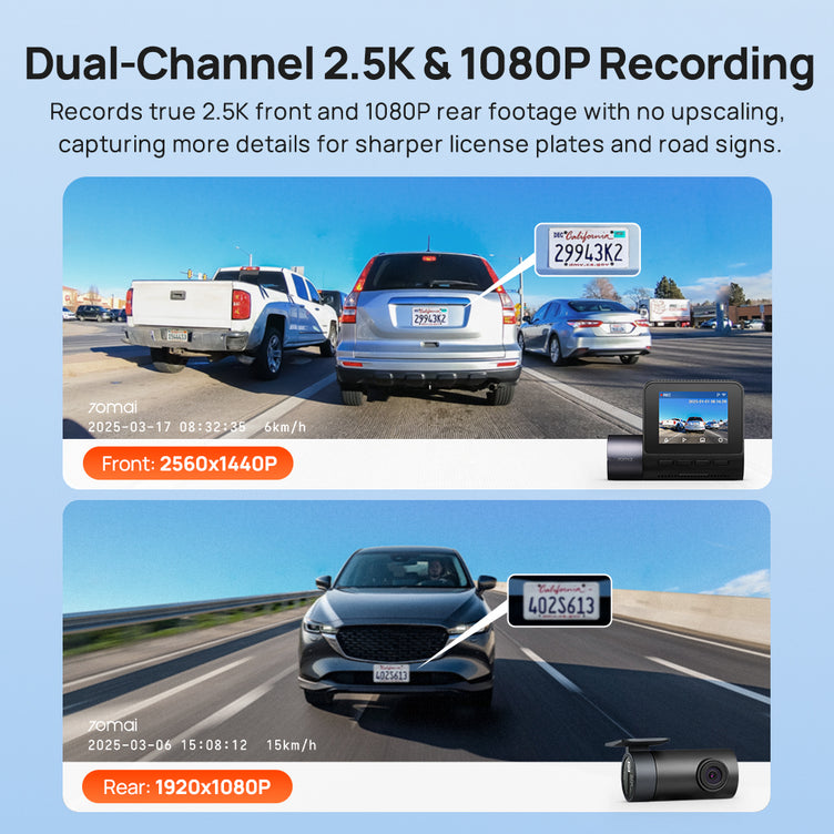 70mai Dash Cam A410 2.5K HDR Dual w/ GPS, Emergency Record, G-Sensor, App Control & Compact Design